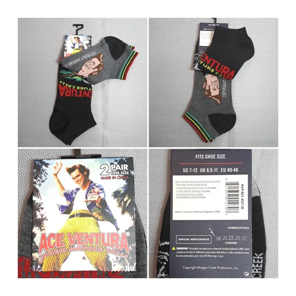 2 Pair One‎ Size ACE VENTURA Low-Cut Socks Size 7-12 Novelty Jim Carey